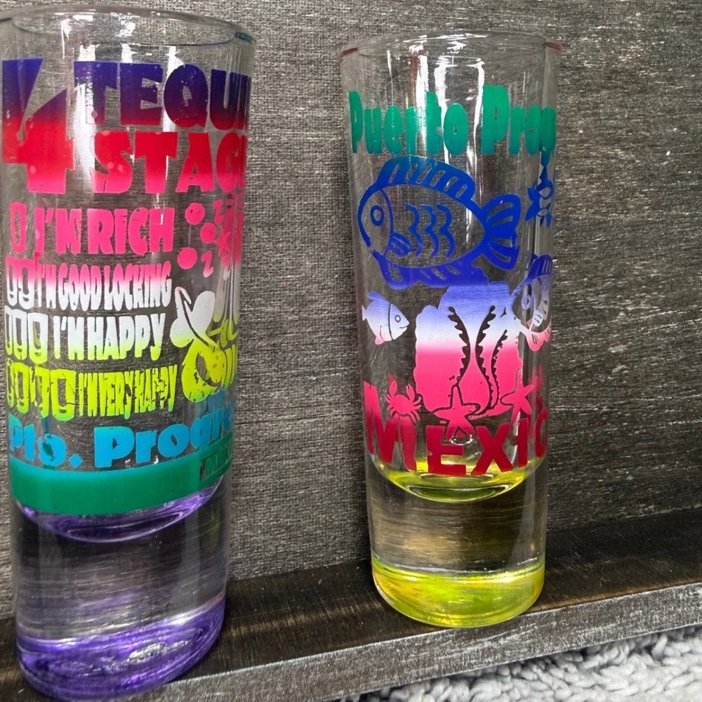Mexico Souvenir Shot Glasses Santos Puerto Progreso Neon 4 Tequila Stages Set 2